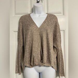 T27a- MAHINA Tan-Oatmeal Ribbed Knit TWISTED HEM Sweater Top